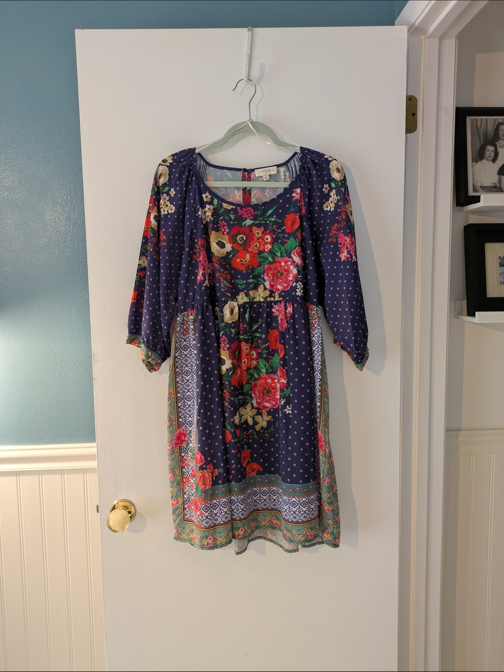 Umgee Navy Floral Patchwork Midi Dress with Pink & Red Blooms